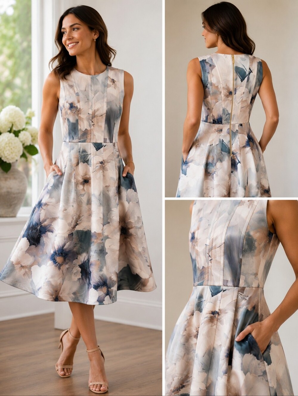 NWOT Donna Karan New York Watercolor Floral Fit & Flare Midi Dress Pockets
